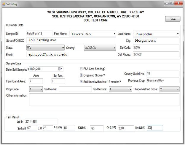 number to identify the soil sample, which has to be given by the user. The save button save all the entered data to appropriate Access table as shown in Figure 5.2. Figure 5.2: Soil Data Form 5.
