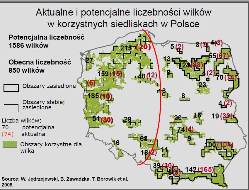 Current and potential population quantity of wolves in favourable habitats in Poland Potential number : 1586 wolves Current