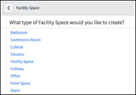 1. 2. Navigate to Facilities > Space Management > Space. Continue with one of the following options. Option Action To add a space Click New. The Facility Space interceptor page displays.