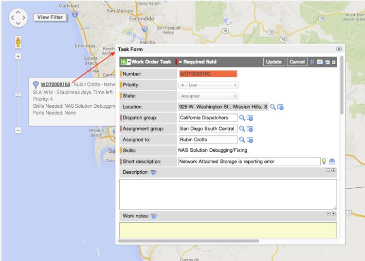Figure 45: Dispatch map task detail View agent information View details about an agent at a particular location by clicking the agent icon on the