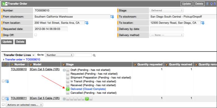 Figure 55: Transfer order lines form 4. Click Start Travel when you begin travel to the remote site. 5. 6. 7. This is mandatory if the Scheduled travel start field is completed.