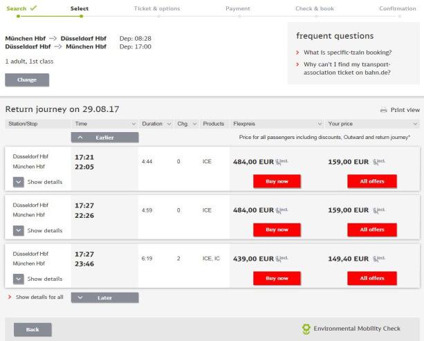 Step 3: Select your preferred connection for the outbound journey and continue the booking process by clicking