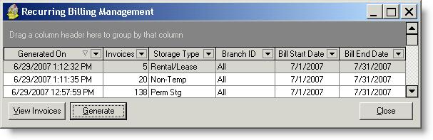 Recurring Billing Management User Guide to Recurring Billing and Storage The Recurring Billing Management interface allows a user to create a billing run for storage records based on branch, by a
