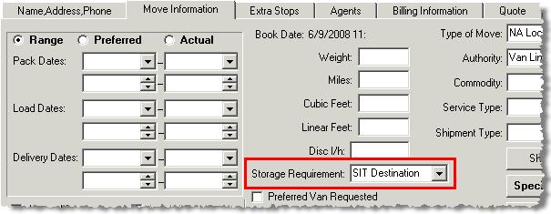 Figure 27: Storage Requirement field within Move Information Define values for the Storage Requirement field in Mover s Suite Administration > MMS > General > Storage Requirement.