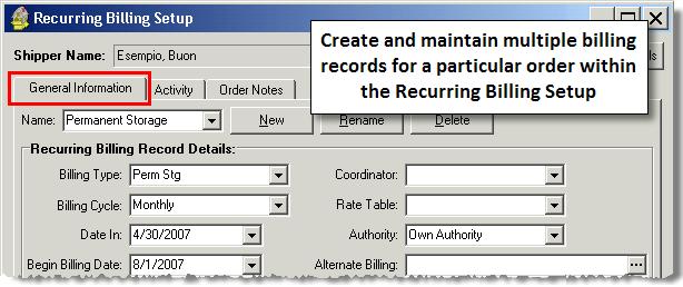 Recurring Billing Setup User Guide to Recurring Billing and Storage The Recurring Billing Setup interface is available to all orders, especially those that have a Move Type mapped for storage