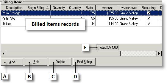 Figure 5: Billing Items section within Recurring Billing Setup Key to Billing Items Layout: A. Add a new Billing Item B. Edit or view selected item C. Delete selected item D.