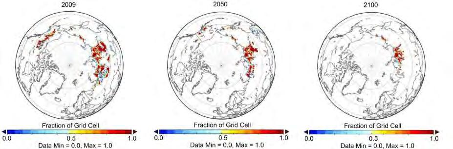 Modeled peatland area with underlying permafrost at 2 m depth for 2009, 2050, and