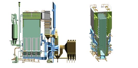 pass follows the same principles used in large two-pass PC boilers. The hot loop and convection pass are connected with steam cooled cross over ducts (CODs). Figure 2.
