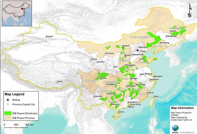 Investing in the forest value chain Forestry Framework Loans, China The EIB is currently financing a total of 14 forestry projects in China, encompassing approximately 470 000 ha of a variety of