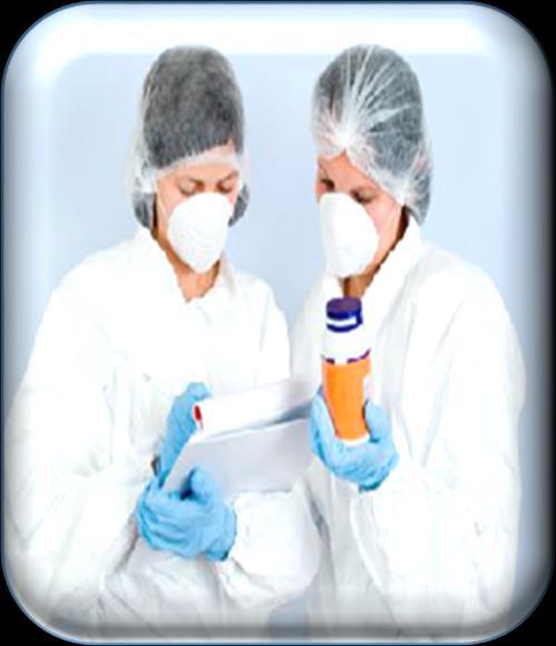 These operators are preparing to dean a dispensary used to weigh out powders. They are wearing hair nets. They are wearing protective gloves and face masks. They are wearing disposable gowns.
