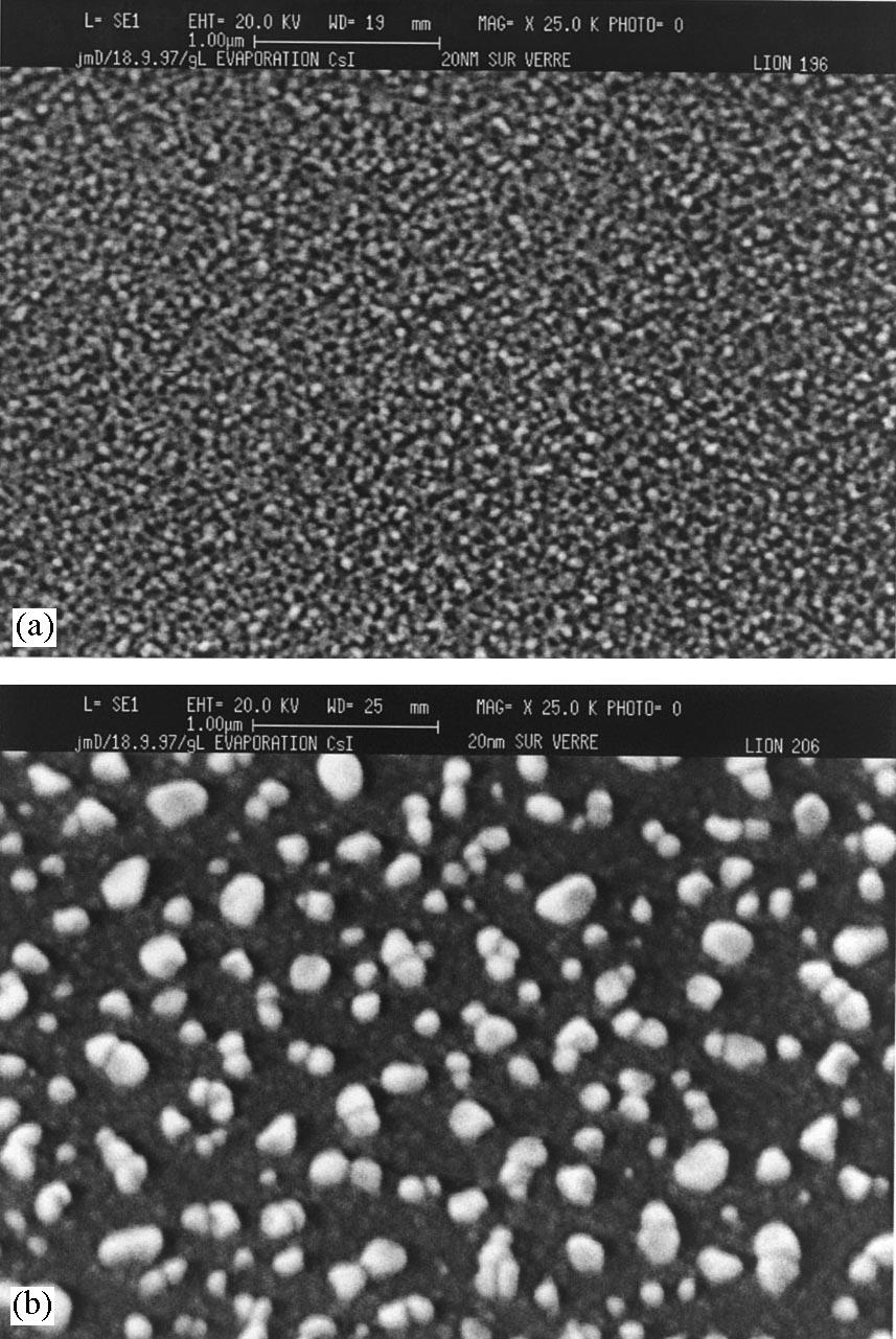 An SEM view of a 20 nm thick CsI "lm deposited on a glass substrate coated with Au/Ni: (a) `as evaporateda and (b) after exposure to Ar at 82% relative humidity for 1 min. The full scale is 5 μm.