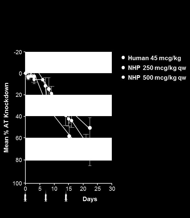 % AT Knockdown ALN-AT3 Phase 1 Study (MAD) Pharmacodynamics and Clinical Activity: AT Knockdown Good correlation between NHP and human knockdown Potency in humans significantly enhanced over NHP: