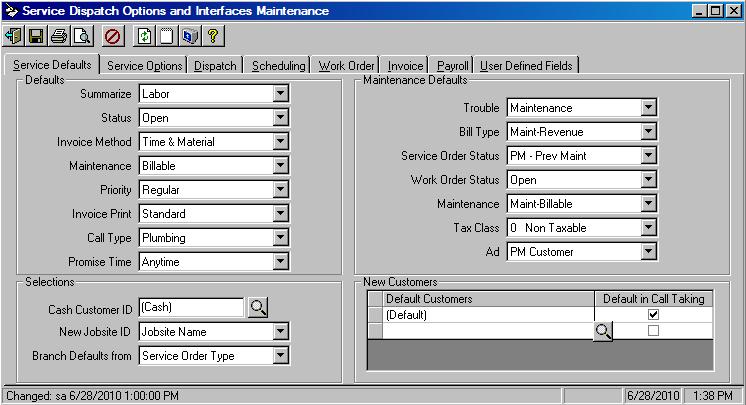 Options and Interfaces (Service) Service Tab You need to setup your Service Dispatch Options and Interfaces setting defaults for your maintenance contracts.