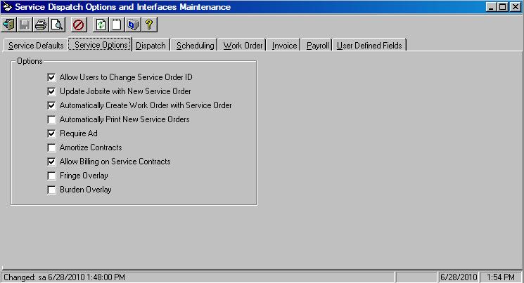 o / Service Dispatch / Maintenance / Options and Interfaces (Service) [Service Options] tab The Amortize Contracts feature is typically not checked.