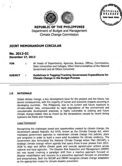 NATIONAL CLIMATE CHANGE EXPENDITURE TAGGING Joint Memorandum Circular issued by Department of Budget and Management and the Climate Change Commission Guidelines in tagging government expenditures