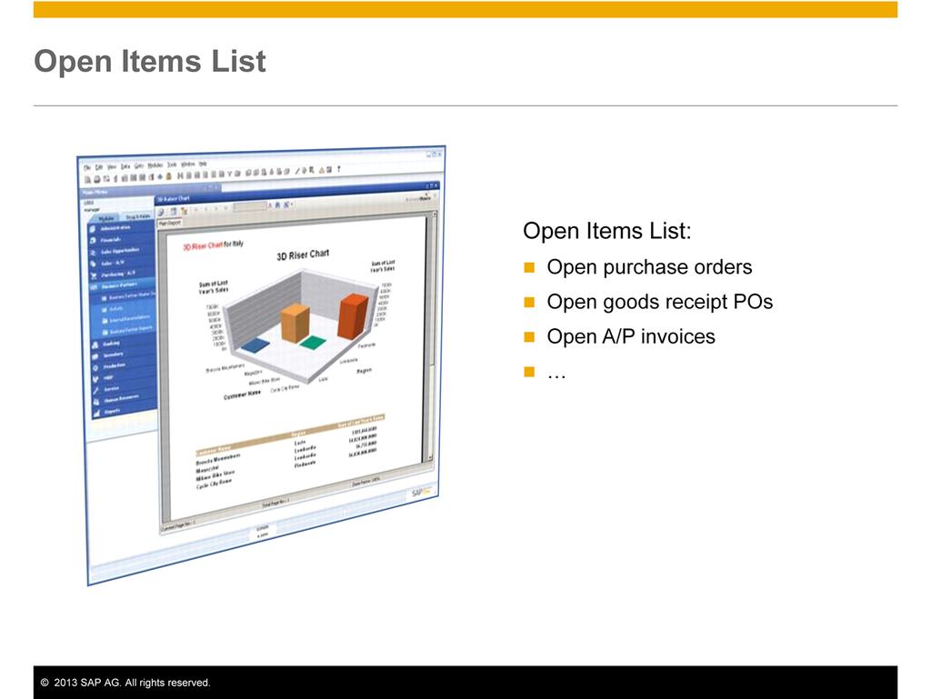 The Opens Items List is an excellent report for monitoring and managing open marketing documents, such as open purchase orders open goods receipt PO s and so on.