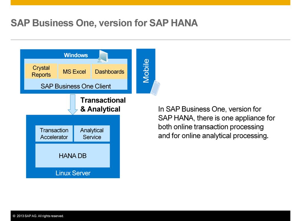 In SAP Business One, version for SAP HANA, there is one appliance for both online transaction processing and for online analytical processing. The entire SAP Business One database runs on SAP HANA.