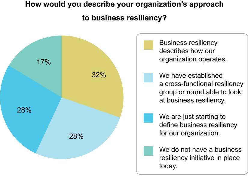 STAGES OF RESILIENCY PLANNING The organizations surveyed were in various stages of planning for resiliency and were equally likely to be at the beginning stages of implementing a plan (28%), in