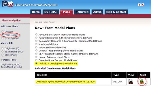 From Model Plans (Outcome/Output) After selecting the From Model option from the Add New Plans section, select the Program Category for the plan. A list of eleven program categories should appear.