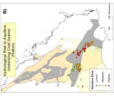 Figure 2 Relative risk to aquifers A) overlaying coal seams and B) underlying coal seams in the Bowen and Surat Basins Source: Hellmuth, 2008 The problem and Concerns In coal seam gas extraction,