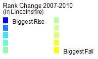 Map 4: Change in Index in Multiple Deprivation 2007-2010 The LSOAs in yellow on map 4 have experienced the largest falls in rank since 2007 and as a result are now less deprived in 2010 relative to