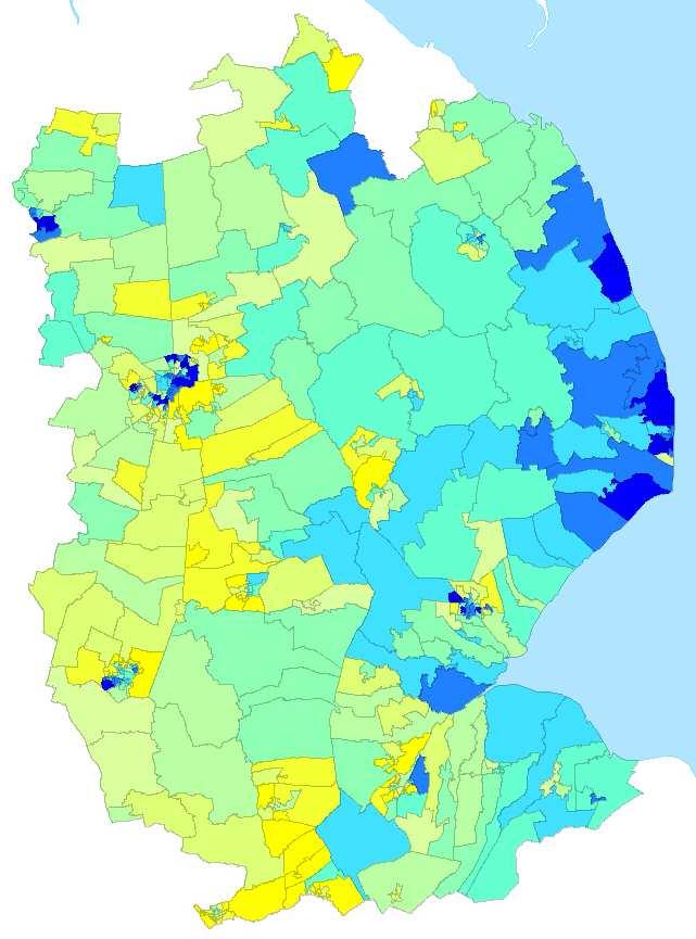 2010 Index of Multiple Deprivation in Lincolnshire Referring to map 3 below we can see that in line with previous ID the east of the county appears to be suffering greater levels of deprivation than