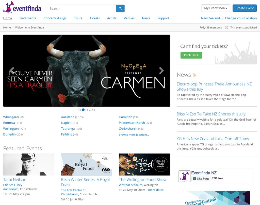 Hero banner visibility at the top of the Eventfinda homepage Includes