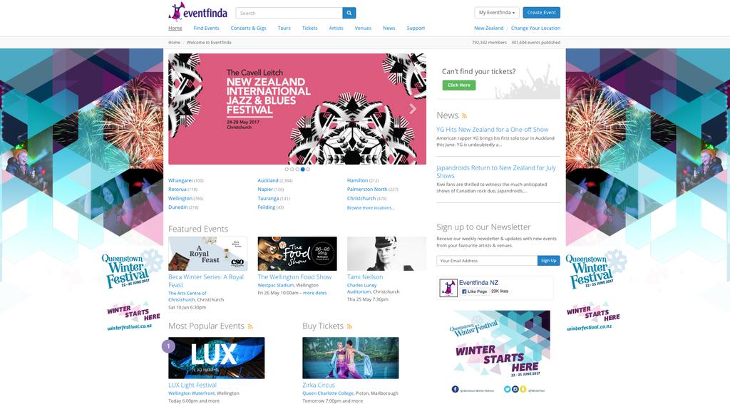 HOMEPAGE TAKEOVER Make a huge impact by splashing your event graphics across the Eventﬁnda homepage. Take control of the look and feel of our homepage and grab our audience s full-screen attention.