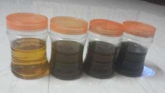 5.3 Oil density changes After 10 hours of gas scrubbing we can see the changes in oil color so as the densities have changed the first left in below figure is fresh oil and remaining 3 samples are of