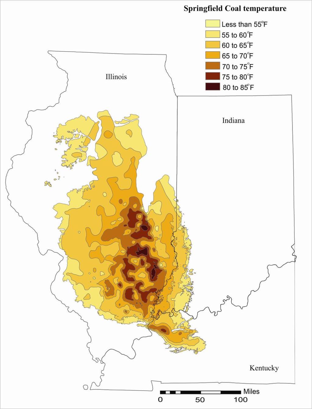 Illinois Basin coal beds have reservoir temperatures ranging from less than 12ºC (55ºF) to a little more than 26ºC (80ºF) in isolated areas in Illinois, where