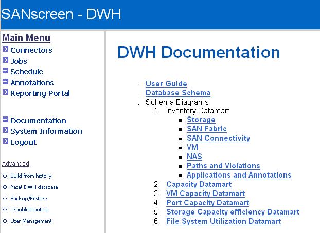 As you can see, you can access the DWH User Guide and the database schema diagrams of each Datamart. Under Documentation, select Database Schema.