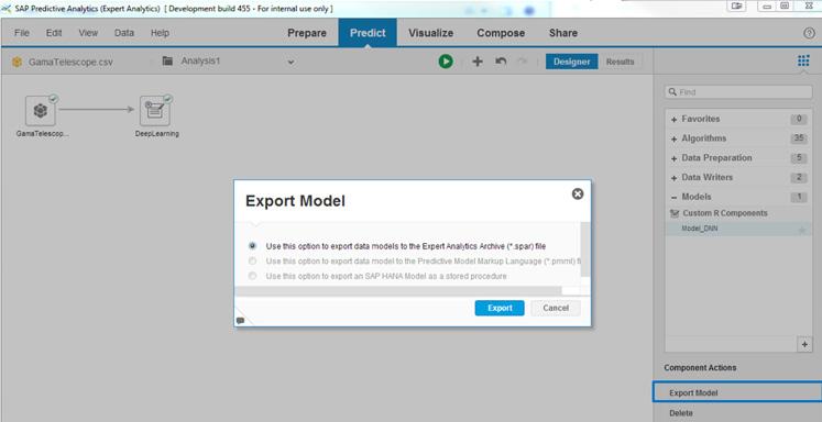 In order to use the model to score unseen data in different analyses, the user must first export the model as a spar file (a proprietary file format for expert analytics).