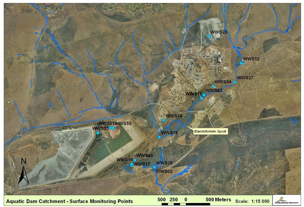 Figure 9: Surface sampling points at the West Wits operations Aquatic Dam Catchment (EMD, 2011b)