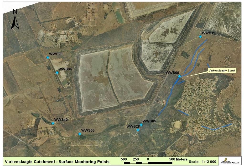 Figure 11: Surface sampling points at the West Wits operations Varkenslaagte Catchment (EMD, 2011b) 3.5.