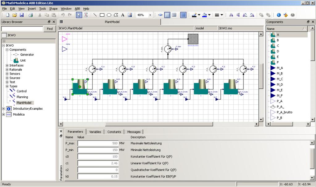 Figure 4: Graphical formulation of the optimization model using Modelica The graphical model editor exports compiled executable models to the online optimization.