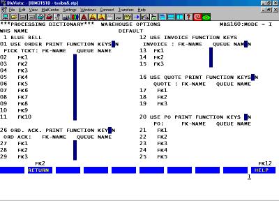 FK1 PRT/NOW Figure 15 Warehouse Parameter Maintenance FK1 PRT/NOW Screen Line 01 These fields allow you the ability to set up self-defined function keys to be used in conjunction with Print Now