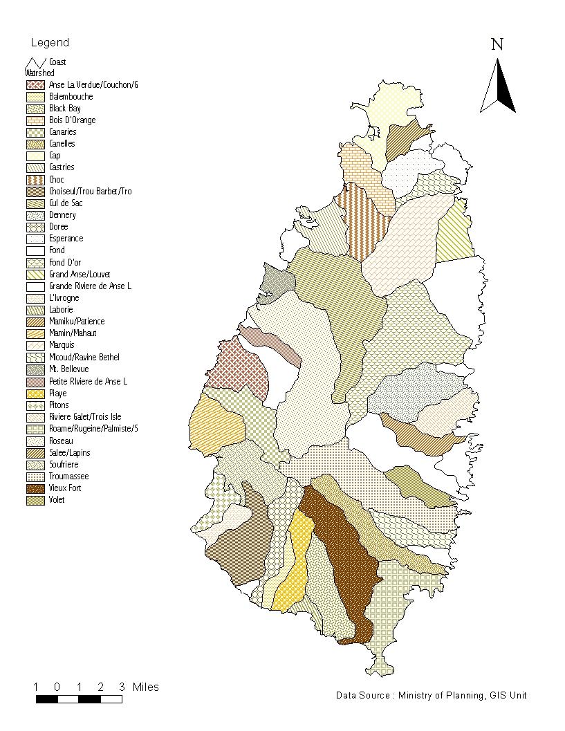 Figure 1 : Watersheds in Saint Lucia Inter annual variability in the Southern Caribbean climate is influenced strongly the El Nino Southern Oscillation (ENSO).
