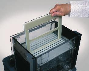 Protocol: Inserting gels into Ettan DALTtwelve When the electrophoresis buffer has reached the desired temperature, insert the loaded gel cassettes with the Immobiline DryStrip gels in place.