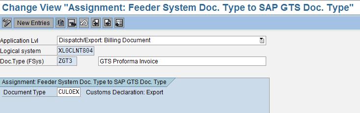 56 In the pop-up, select application level SD0C and enter the document type from the Feeder System or Feeder System Group that triggers the creation of the export customs declaration in GTS: Define