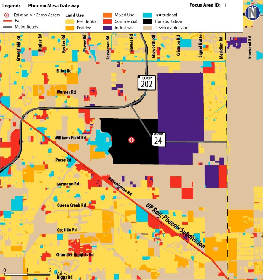 Figure 6-4 Phoenix Mesa Gateway Existing Land Use Map Future land use data within the focus area shows only 6% developable land, 29% less than what is present today.