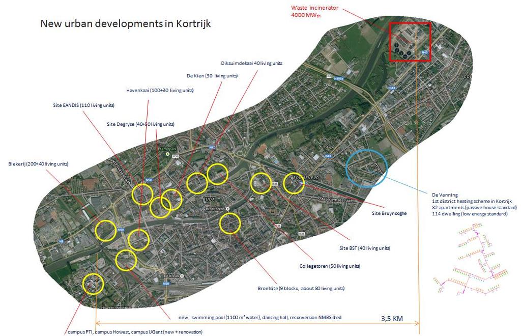Areas of priorities Kortrijk plans about 12 refurbishment projects all over the city, which would add amongst others more than 800 living units to the city and a new swimming pool, see the yellow