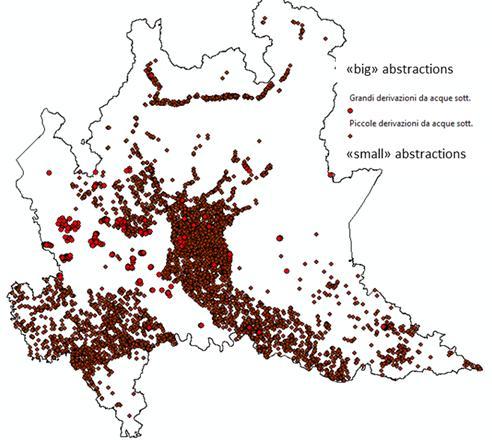 Figure 15: Groundwater abstraction concessions in Lombardy, extracted and georeferenced from CUI, and distinguished by big (> 100 l/sec) and small (< 100 l/sec) abstractions.