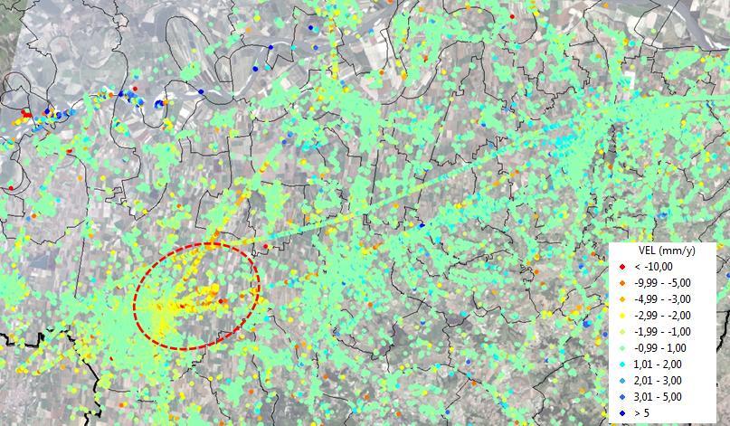 This area of interest is also partly covered by a more recent SAR interferometric time series, from Radarsat (2003-2010 period), in which the disaggregated data referred to the movements of