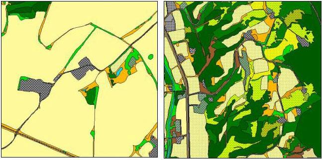 Figure 4: Two example squares from the 3Q monitoring programme for agricultural landscapes, illustrating differences in land type diversity -Shannon s diversity index: a) = 1.60 b) = 2.