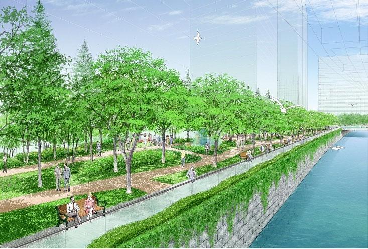 <Achievements in the Dai-Maru Maru-Yu District> Creating breeze pathways Introducing cool air from Tokyo bay and the Imperial