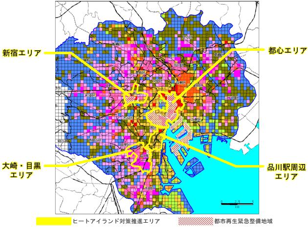 Tokyo as seen from a Heat Environment Map Ground coverings, artificial heat exhaust, and concentration of buildings were analyzed, classified into 10 types, and plotted on the map Shinjuku Area