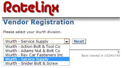 4. The WUGONA division selection screen will allow the vendor to select which WUGONA division that the current PO is corresponding to. 5. Select Wurth DMB Supply and click next. 6.