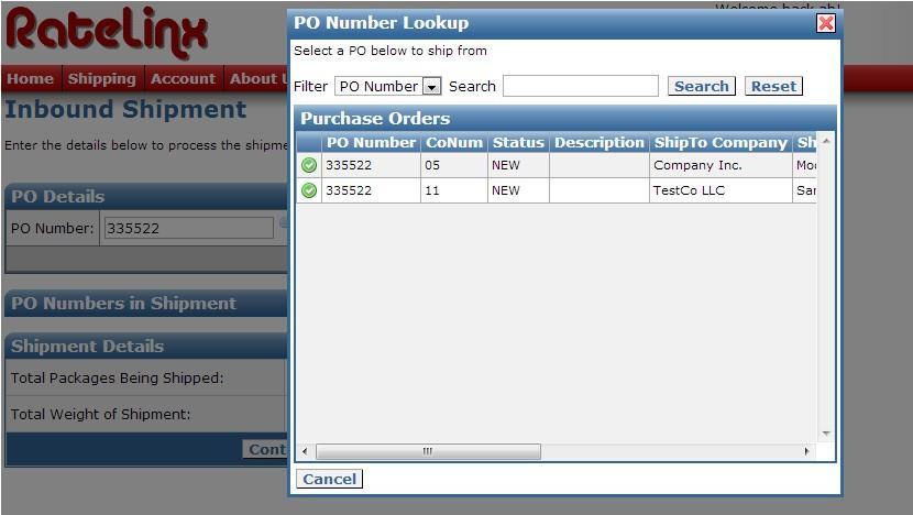 . If the PO number is not unique, a PO Number Lookup box will be prompted (shown below).