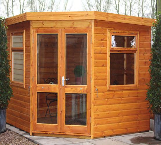 the Arley 12 wide x 8 deep deal Arley Pavilion with green felt tiles, coloured painted finish and double doors 10 wide x 8 deep deal Arley Apex with Medium Oak finish, painted MDF lining,