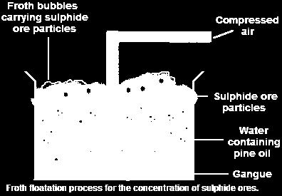 Concentration of Ores iii. Froth floatation This method has been in use for removing gangue from sulphide ores. In this process, a suspension of the powdered ore is made with water.